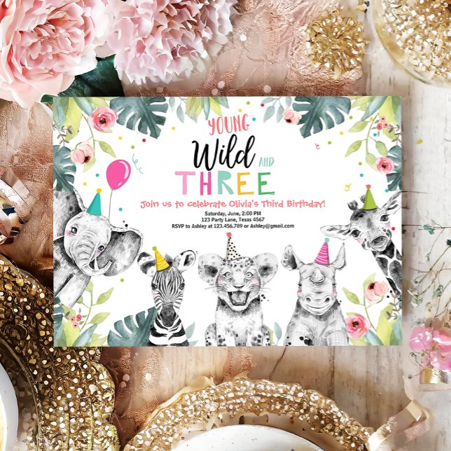 Invitación Jóvenes animales salvajes y Chicas Safari de tres  (Subido por el creador)