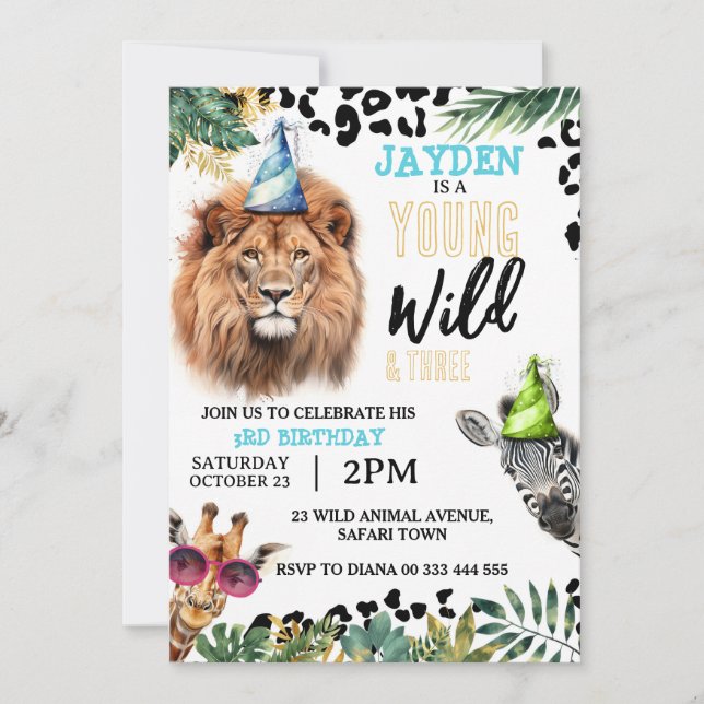 Invitación Jóvenes animales salvajes y tres Safari por tercer (Anverso)