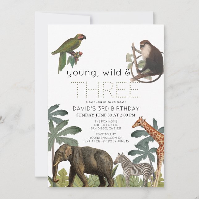 Invitación Jóvenes animales salvajes y tres Safari por tercer (Anverso)