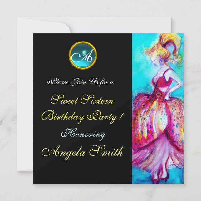 INVITACIÓN JÓVENES CHICAS SIMILARES DULCE 16 FIESTAS GEM MONO (Anverso)