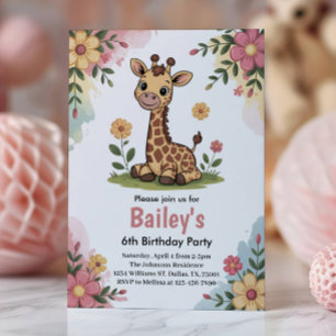 Invitación Jóvenes Floral Giraffe Jungle Fiesta de cumpleaños