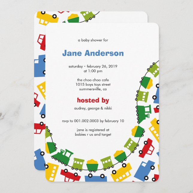 Invitación Jóvenes Juguetes colorido transporte Cute Boy Baby (Anverso / Reverso)