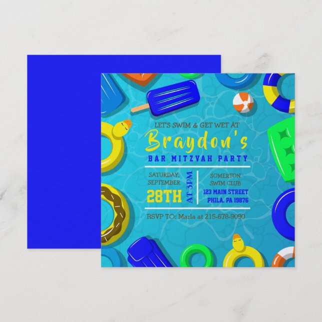 Invitación JÓVENES PISCINA NADAR FLOTAS Bar Mitzvah Party Inv (Anverso / Reverso)