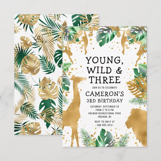Invitación Jóvenes salvajes tres Safari Gold Green tercer cum (Anverso / Reverso)