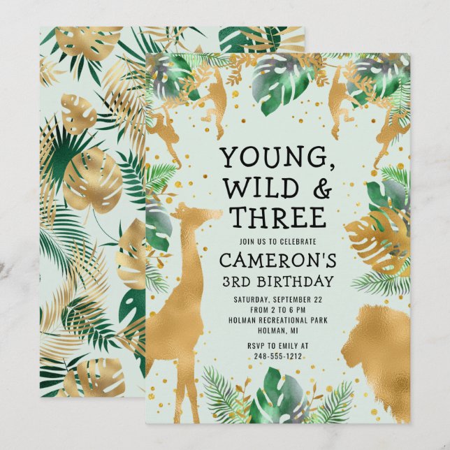 Invitación Jóvenes salvajes Tres Safari Pastel Verde Tercer C (Anverso / Reverso)