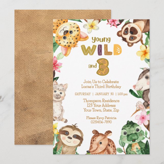 Invitación Jóvenes salvajes y tres animales de safari cumplen (Anverso / Reverso)