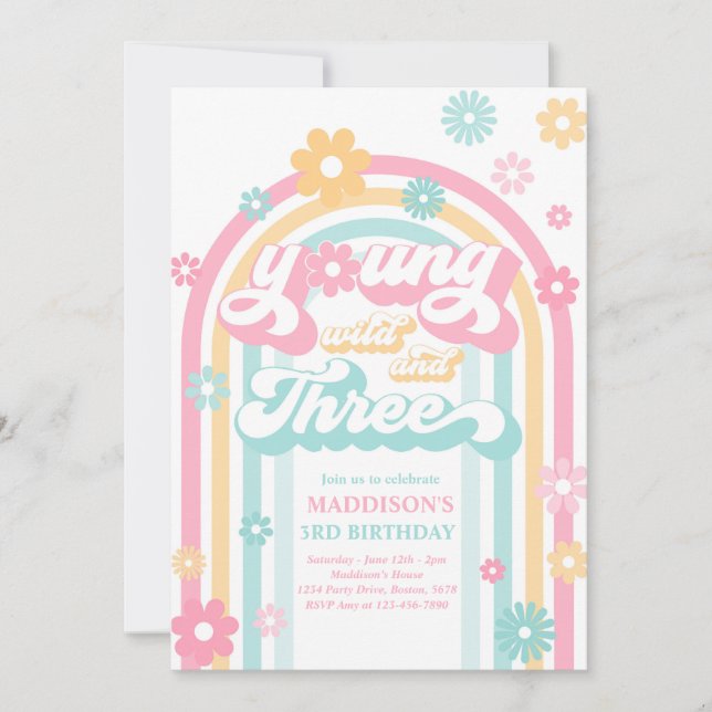 Invitación Jóvenes Salvajes Y Tres Boho Daisy Rainbow Birthda (Anverso)