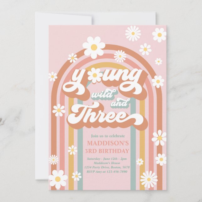 Invitación Jóvenes Salvajes Y Tres Boho Daisy Rainbow Birthda (Anverso)