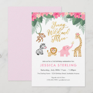 Invitación Jóvenes salvajes y tres - Chica Safari rosado 3