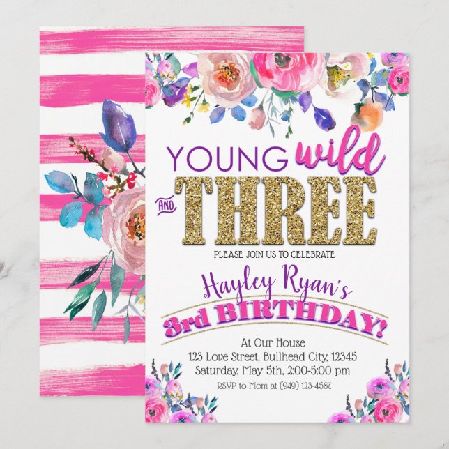 Invitación Jóvenes salvajes y tres Chicas Boho Floral tercer  (Anverso / Reverso)