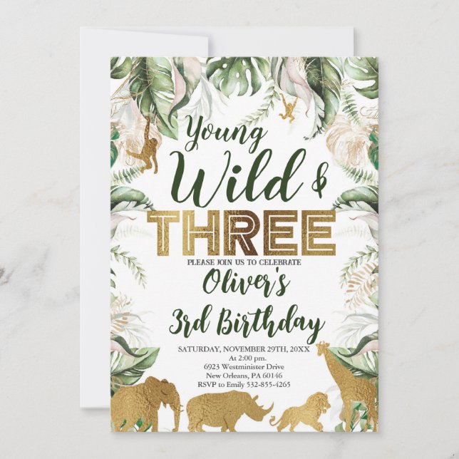 Invitación Jóvenes salvajes y tres cumpleaños, Safari, Jungla (Anverso)