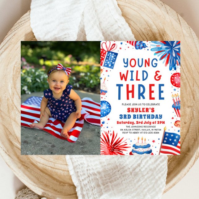 Invitación Jóvenes salvajes y tres Fiestas del 3 de julio (Watercolor Patriotic Fireworks Young Wild and Three 4th July 3rd Birthday Party Invitation)
