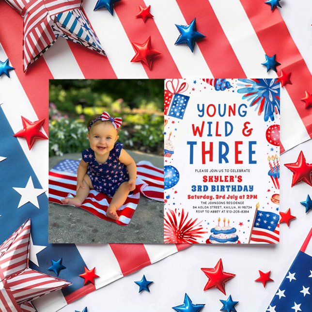 Invitación Jóvenes salvajes y tres Fiestas del 3 de julio (Watercolor Patriotic Fireworks Young Wild and Three 4th July 3rd Birthday Party Invitation)