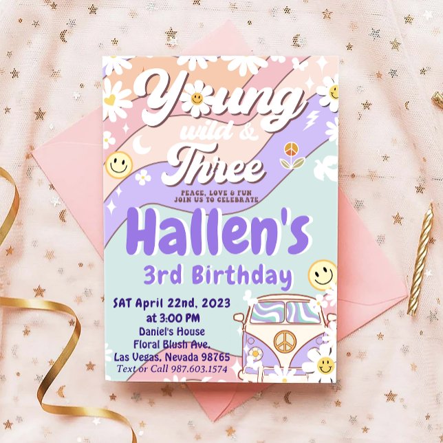 Invitación Jóvenes salvajes y tres Groovy Rainbow tercer cump (Subido por el creador)