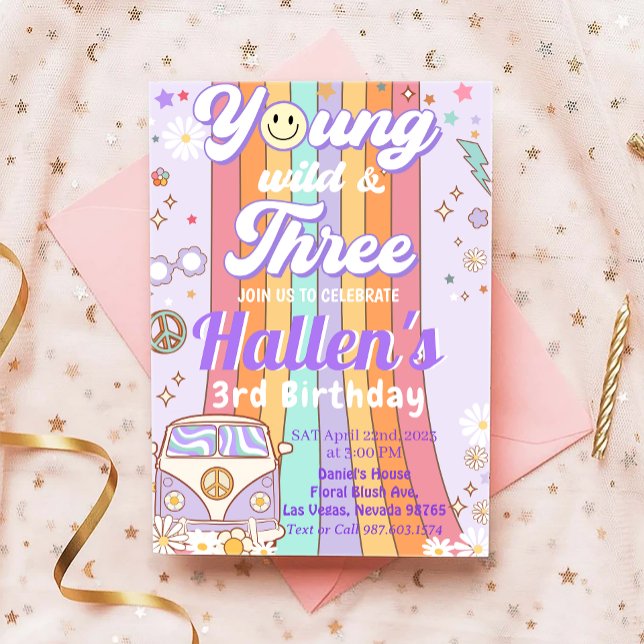 Invitación Jóvenes salvajes y tres Groovy Rainbow tercer cump (Subido por el creador)