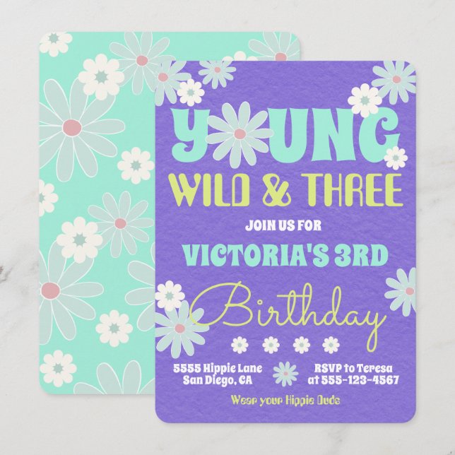 Invitación Jóvenes salvajes y tres Hippie Birthday Party (Anverso / Reverso)