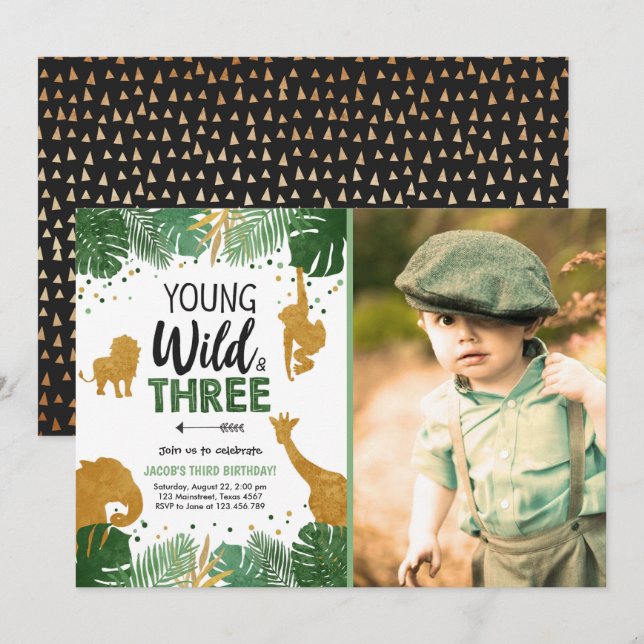 Invitación Jóvenes salvajes y tres Safari Animales Boy Cumple (Anverso / Reverso)