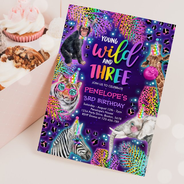 Invitación Jóvenes Salvajes Y Tres Safari Neon Cheetah Cumple (Subido por el creador)