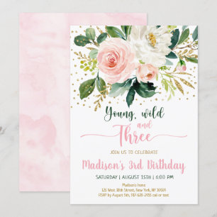 Invitación Jóvenes silvestres y tres boho floral dorado rosad