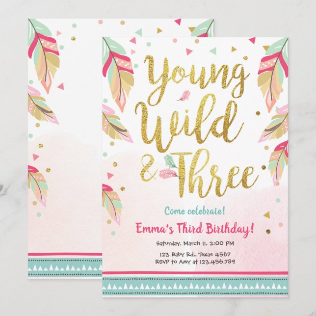 Invitación Jóvenes silvestres y tres plumas rosadas Cumpleaño (Anverso / Reverso)