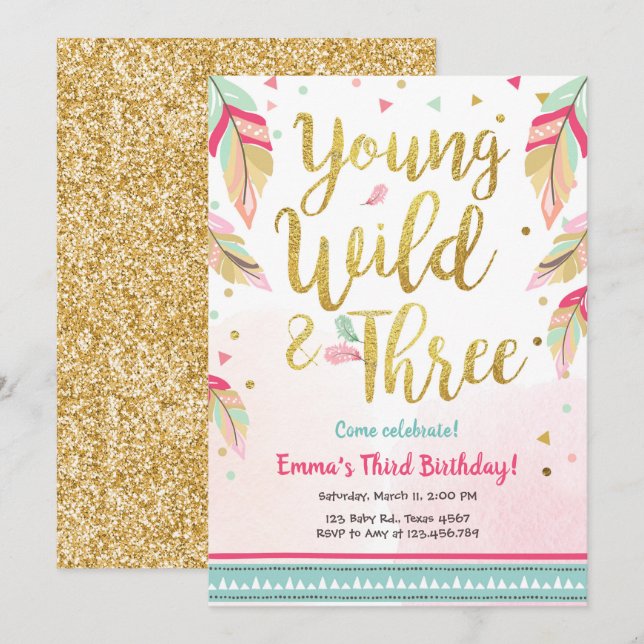 Invitación Jóvenes silvestres y tres plumas rosadas Cumpleaño (Anverso / Reverso)