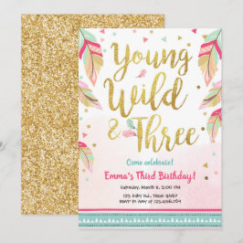 Invitación Jóvenes silvestres y tres plumas rosadas Cumpleaño