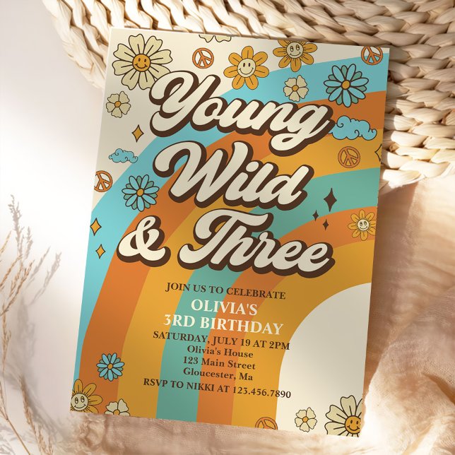 Invitación Jóvenes y salvajes tres arcoiris retro tercer cump (Subido por el creador)