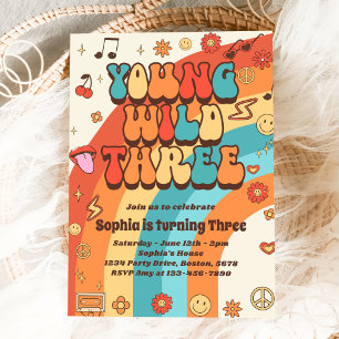 Invitación Jóvenes y salvajes tres arcoiris retro tercer cump