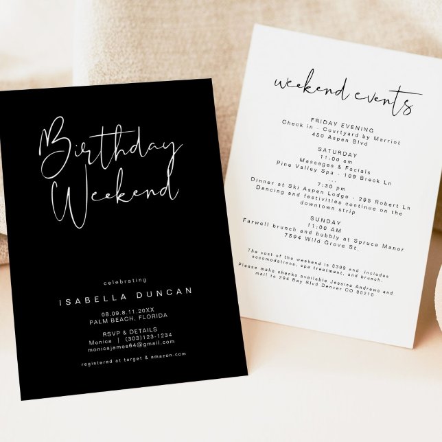Invitación JOVI Edgy Black Modern Birthday Weekend Itinerary (Subido por el creador)