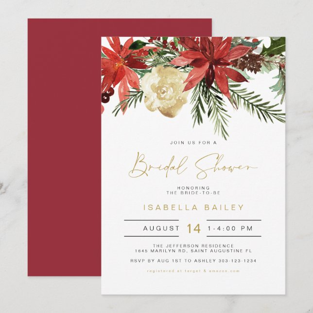 Invitación JOVI Holiday Red and Gold Poinsettia Bridal (Anverso / Reverso)
