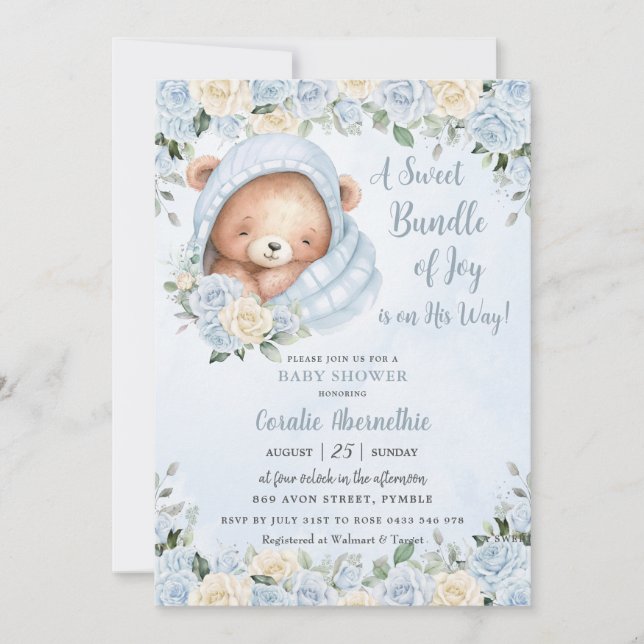 Invitación Joy Bear Blue Floral Boy Baby Shower (Anverso)