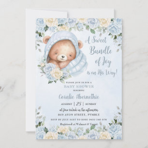 Invitación Joy Bear Blue Floral Boy Baby Shower