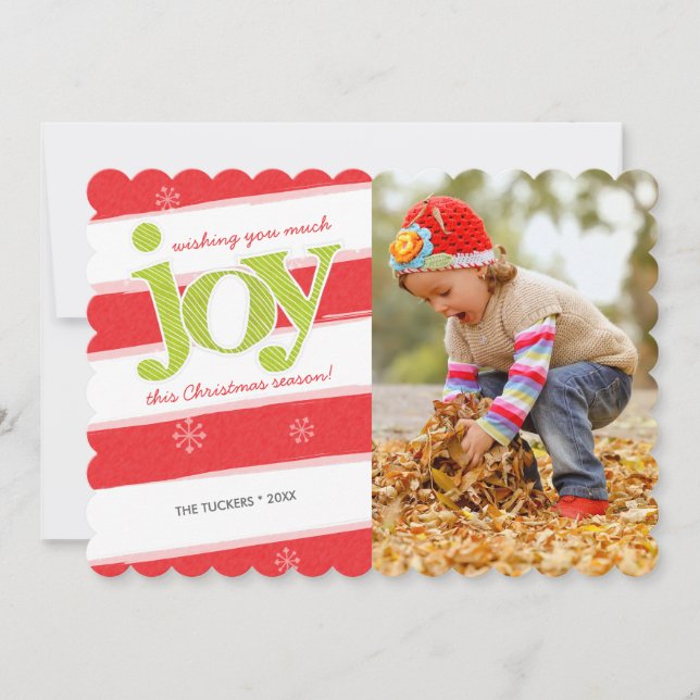 Invitación JOY Candy Cane Stripes Navidades Foto Verde Rojo (Anverso)