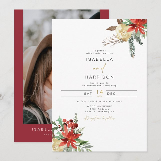 Invitación JOY Holiday Poinsettia Winter Red Floral Boda (Anverso / Reverso)