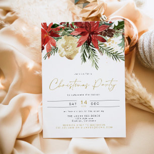Invitación JOY Poinsettia Red Floral Holiday Party