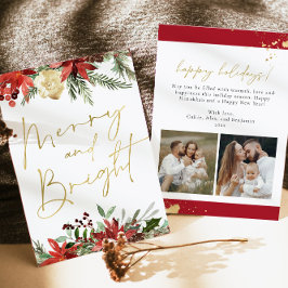 Invitación JOY Red Floral Poinsettia Gold Photo Holiday Card