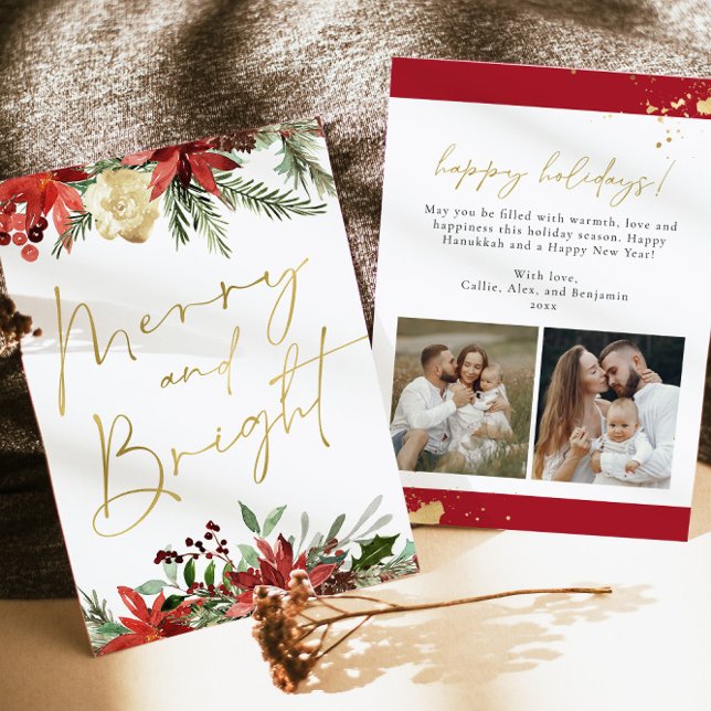 Invitación JOY Red Floral Poinsettia Gold Photo Holiday Card (Subido por el creador)