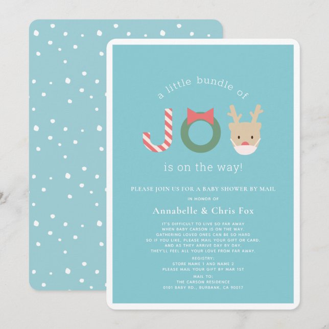 Invitación Joy Reindeer Mask Blue Holiday Baby Shower por cor (Anverso / Reverso)