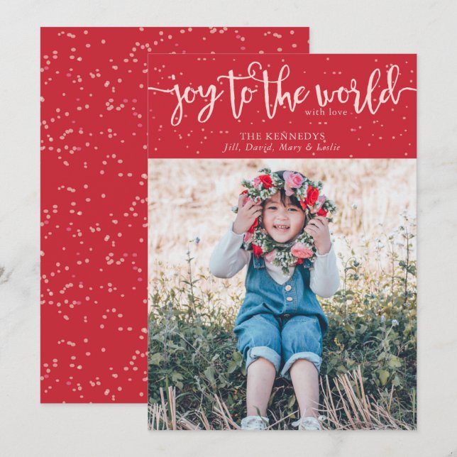 Invitación Joy to the World Red Photo Christmas Card (Anverso / Reverso)
