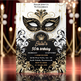 Invitación Joy Tutu Moda de oro negro Mascarada 50 cumpleaños
