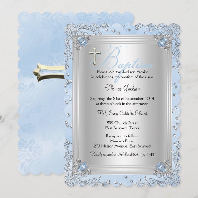 Invitación Joya de destellos azules Bautizo 2 (Anverso / Reverso)