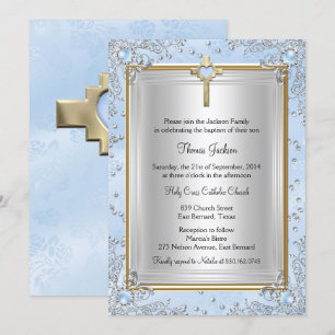 Invitación Joya de destellos azules Bautizo Cristiandad Oro