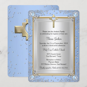 Invitación Joya de destellos azules Bautizo Cristiandad Oro 2