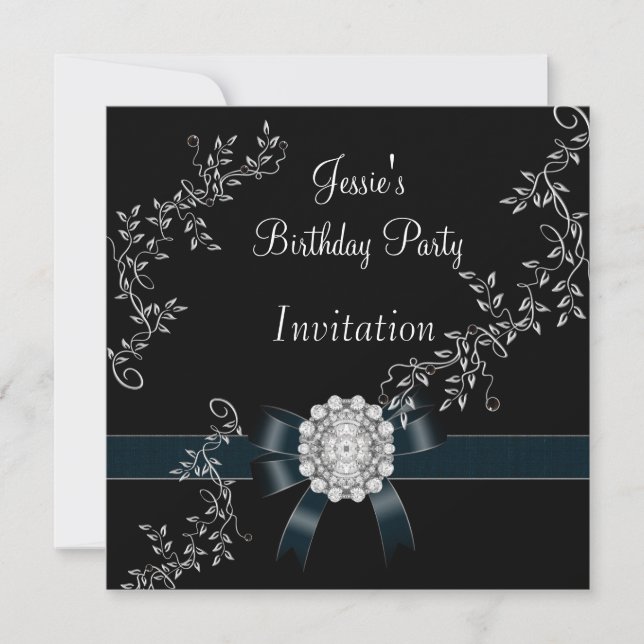 Invitación Joya de diamante de arco negro plateado (Anverso)