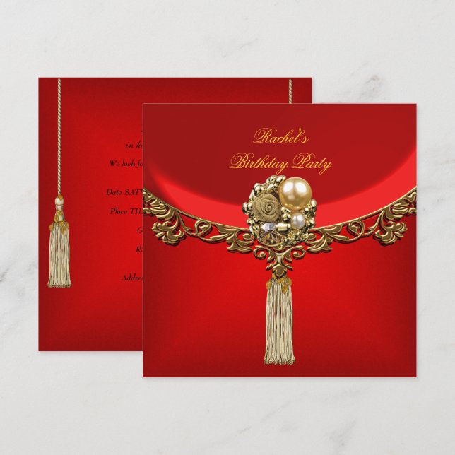 Invitación Joya de fiesta de cumpleaños de oro rojo elegante (Anverso / Reverso)
