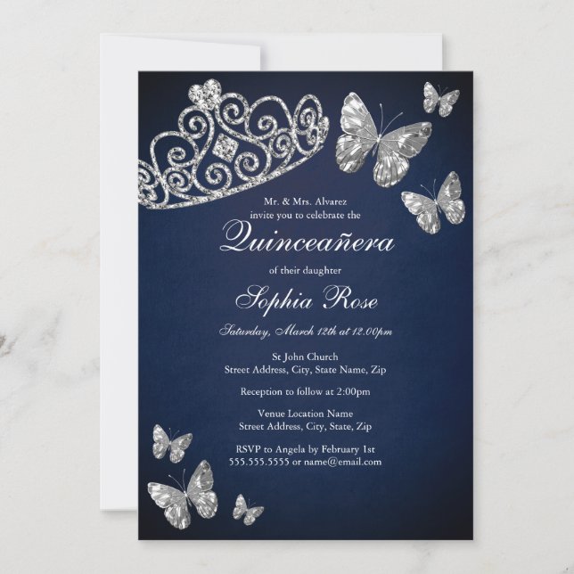 Invitación Joya de la Marina Plata Tiara Mariposa Quinceanera (Anverso)