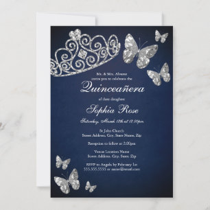 Invitación Joya de la Marina Plata Tiara Mariposa Quinceanera