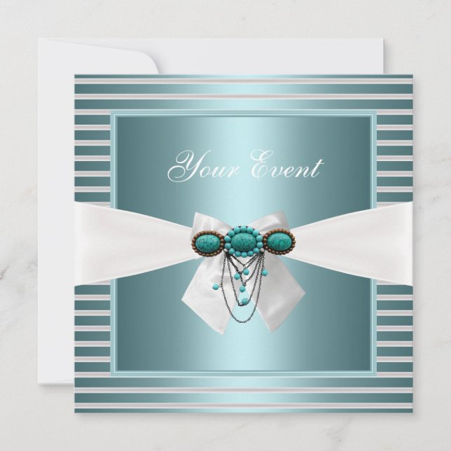 Invitación Joya de Lazo Blanco con Raya Azul Teal Elegante (Anverso)