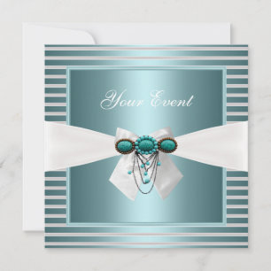 Invitación Joya de Lazo Blanco con Raya Azul Teal Elegante