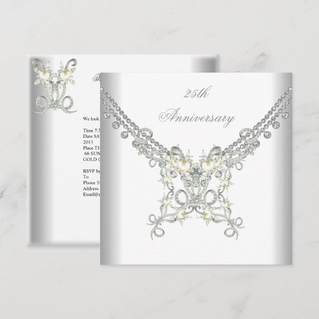 Invitación Joya de perla plateada blanca del 25º aniversario (Anverso / Reverso)